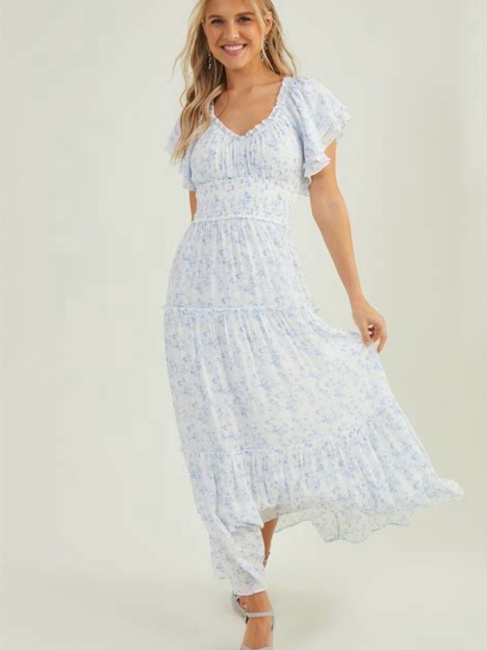 Altar’d State Light Blue Floral Maxi Dress with Flutter Sleeves
